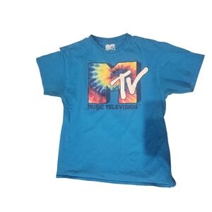 MTV Music Television Tie Dye Logo T Shirt Mens Large Blue Cotton
